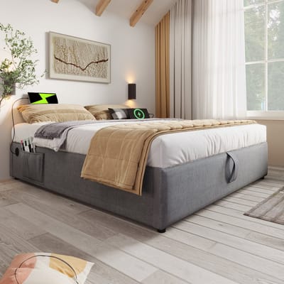 MEUNIQ gestoffeerd tweepersoons bed 140x200 cm met opbergruimte, USB en Type-C, zonder hoofdbord, grijs bedframe voor slaapkamer