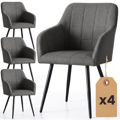 Set van 4 Eetkamerstoelen LUXANO met Armleuningen / Gestoffeerde Stoelen en Metalen Poten / Lumos-stof / Antraciet met zwarte benen