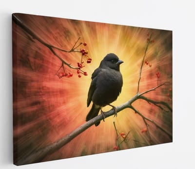 Saammp Canvas Schilderij - Zwarte Vogel op tak - Dieren - Bloemen - 30x20 - Foto op canvas - Wanddecoratie - muurdecoratie Woonkamer - Slaapkamer decoratie - Canvas Print