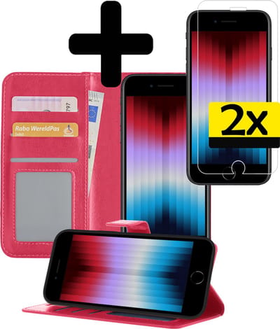 Hoesje - Met 2x Screenprotector - Geschikt voor Apple iPhone SE (2022) - Luxe Pasjeshouder - Bookcase Portemonee - Flip Case - Kunstleer Book Case - Flipcase Hoes - Book Cover - Walletcase - Portemonneehoes - Telefoonhoesjes - Donkerroze