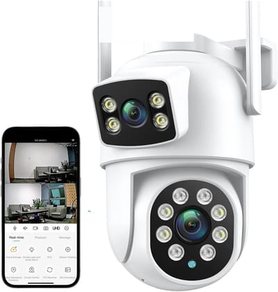 Beveiligingscamera Buiten - PTZ Camera WiFi - Huisbewaking - Dubbele Lens Dual Screen - 8MP - Wit