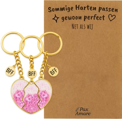 BFF Sleutelhanger voor 3 'Sommige harten passen perfect' - Magnetisch Glitter Hartje Roze - Sleutelhanger set op Cadeau Kaartje - Goudkleurig - Vriendschap Symbool - Pax Amare