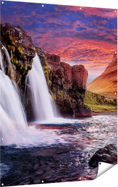 Gards Tuinposter Waterval bij een Berg - 120x160 cm - Tuindoek - Tuindecoratie - Wanddecoratie buiten - Tuinschilderij