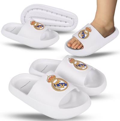 Real Madrid Witte teenslippers van SCHUIMRUBBEREN SLIPPERS voor kinderen, DIKKE ZOOL, LICHTGEWICHT