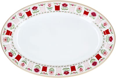 FLOWERY ovale serveerschaal in rood-roze met bloemenmotief, van porselein – R1316#FLRY