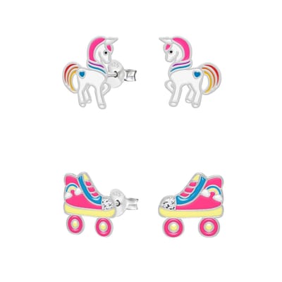 WeLoveSilver - zilveren oorstekers - eenhoorn & regenboog rolschaats