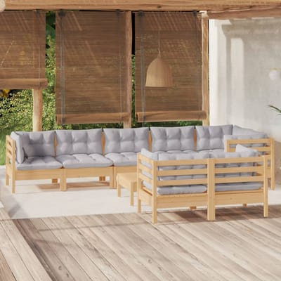vidaXL - 9-delige - Loungeset - met - grijze - kussens - massief - grenenhout