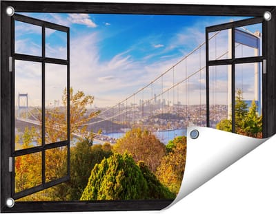 Gards Tuinposter Doorkijk Bosphorus Brug in Instanbul - 60x40 cm - Tuindoek - Tuindecoratie - Wanddecoratie buiten - Tuinschilderij