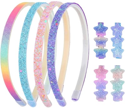 Dailygoods - Set van 4 hoofdbanden voor meisjes, 13 x 14 cm & 4 haarspeldjes voor meisjes, 7 cm, gradiënt ster design, siliconen grip, lichtgewicht ABS, haaraccessoires voor kinderen
