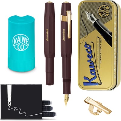 Kaweco - Cadeauset - (5delig) - Vulpen CLASSIC SPORT BORDEAUX Fountain Pen - Fine - Vintage blikje - Oktogonal Clip Vergoldet - Patronen houder TURKOISE - Vullingen