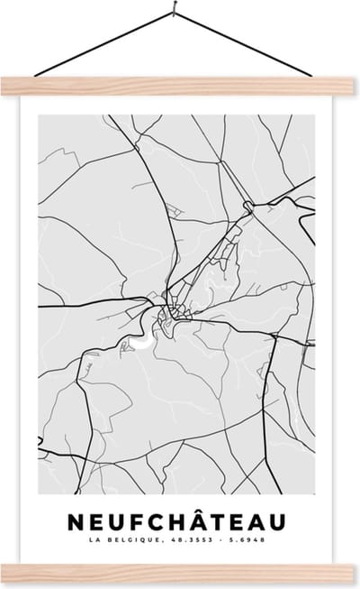 Posterhanger incl. Poster 40x60 cm - Schoolplaat - Stadskaart – Plattegrond – België – Zwart Wit – Neufchâteau – Kaart - Textielposter - Blanke latten - Stadskaart