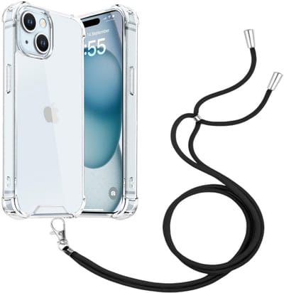 Shock Proof Case Hoes Geschikt voor iPhone 15 Hoesje Transparant Met universele Telefoonkoord zwart - Cover - Nek Hanger - Koord Hoes