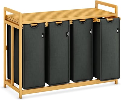 VIN® Wassorteerder 4 vakken - Wasmand 4 vakken 200 Liter - Wasmand Met Opbergplank – Wassorteerder Met Afneembare Manden - Dubbele wasmand - Duo Wasmand – Wasmanden - 107 x 42 x 77 cm