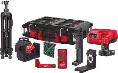 Milwaukee M12 3PLKIT-401P Accu Kruislijnlaser 3x360° Groen 12V 4.0Ah + Laserdetector + Statief in Koffer - 4933478960