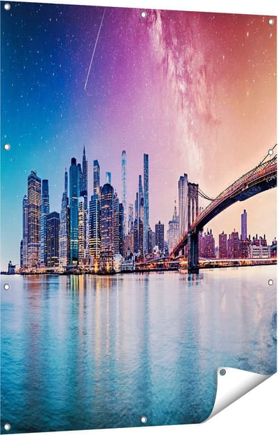 Gards Tuinposter New York Skyline met een Kleurrijke Hemel - 90x120 cm - Tuindoek - Tuindecoratie - Wanddecoratie buiten - Tuinschilderij