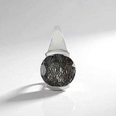 Cavill - Zilveren Hanger met 3,015 ct Zwarte Rutielkwarts Rond - 925 Sterling Zilver - Unieke Edelsteen Sieraden - 18x10 mm - 1,98 g
