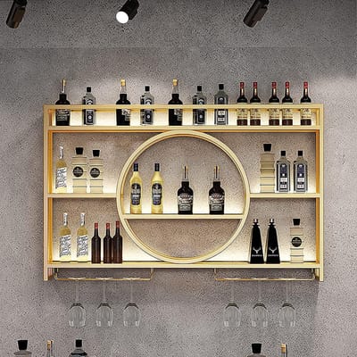 Wijnrek met Glazenhouder - Flessenhouder Wandmontage - Wijn Opslag - 3-Niveau Opbergrek - 100x15x80cm - Goud