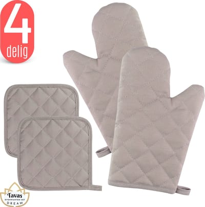 Tavas DREAM Ovenwanten Set Grijs Katoen Ovenwanten en Pannenlappen Ovenwanten 2 stuks Hittebestendig Pannenlappen 2 stuks Ovenhandschoenen tot 250Â°C