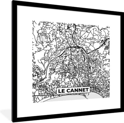 Fotolijst incl. Poster Zwart Wit- Kaart – Le Cannet - Stadskaart – Frankrijk – Plattegrond - Zwart wit - 40x40 cm - Posterlijst