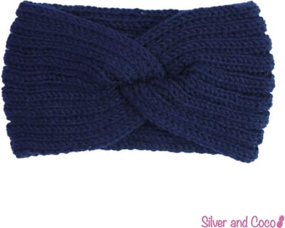 SilverAndCoco® - Winter Haarband Dikke Warme Fluffy Elastische Hoofdband Gedraaid Wol / Geribbelde Wollen Brede Haarbanden Dames / Zachte Warm Bonten Elastische Meisjes Knoop Breed - Donker Blauw