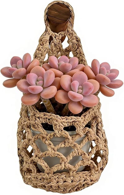 Macrame Plantenhangers - 32*16cm - Boho Katoen Hangpot - Hangende Bloempot met Kralen - Macramé Touw/Koord Hangplant Houder - Bohemian Wandhanger Decoratie - Plant Hanger - Verticale Tuin Bloempothouder Planthanger - Voor Binnen/Buiten - Bruin