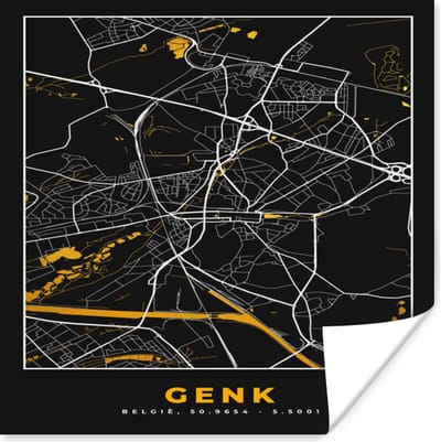 Poster Stadskaart - Kaart - Genk - Plattegrond - Goud - 100x100 cm XXL