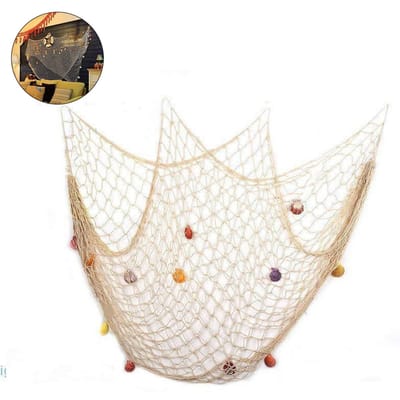 Filet de pêche de style méditerranéen avec décoration de coquillages, accessoires de photographie rétro, décoration murale en filet de pêche beige