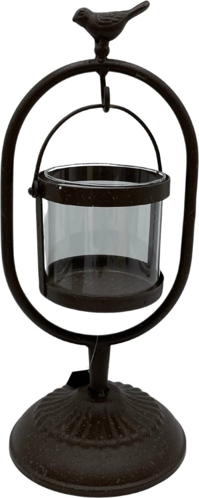 Windlicht met vogel roestbruin ijzer glas 31 x 13 cm Kaarsenhouder | 813150 | Home Sweet Home | Stoer & Sober Woonstijl