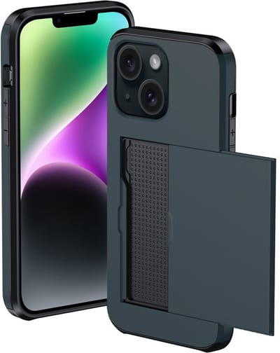Hoesje Geschikt voor iPhone 14 Hoesje Met Pasjeshouder Hard Case Met Kaarthouder - Hoes Geschikt voor iPhone 14 Hoesje Pashouder Case - Donkerblauw