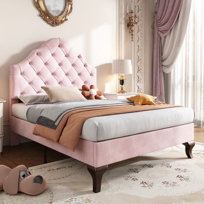 SINGULARITY-Gestoffeerd bed 90 x 200 met lattenbodem en hoofdbord- gestoffeerd bed met in hoogte verstelbaar hoofdbord- jeugdbed- eenpersoonsbed- fluweel- roze- zonder matras