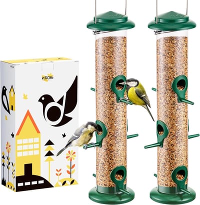 Hanging Voederhuis voor Vogelvoer met 6 Poorten - Geschikt voor Zonnebloempitten, Nigerzaad en Mixen - Duurzaam en Stijlvol Ontwerp 14" - 2 Stuks