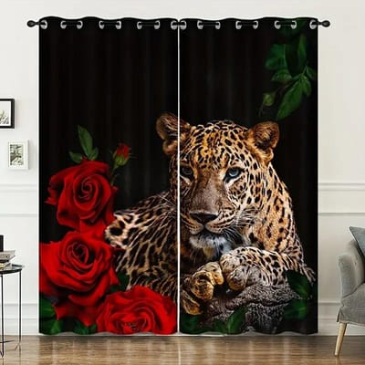 Roze Leeuw Tijger Dier Bloemenprint Gordijnen, Slaapkamer Kantoor Keuken Woonkamer Studeerkamer Huisdecoratie Gordijnen 2 Stuks W50H60(CM)x2&Grommet Top