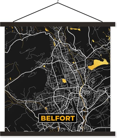 Posterhanger incl. Poster 60x60 cm - Schoolplaat - Plattegrond - Belfort - Kaart - Frankrijk - Stadskaart - Textielposter - Zwarte latten - Stadskaart