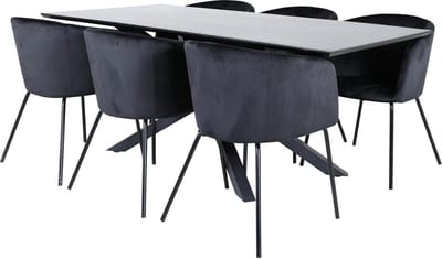 PiazzaBLBL eethoek eetkamertafel zwart en 6 Berit eetkamerstal velours zwart.