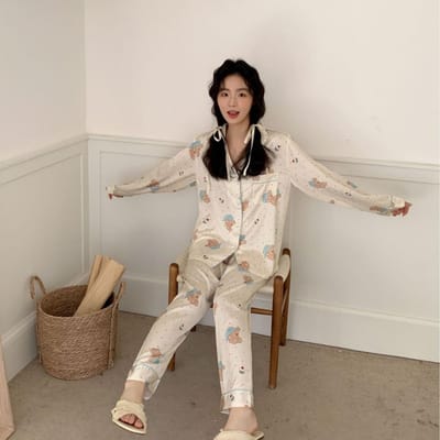 Stippelbeer Pyjama, Schattige en Lieve Vrouwen, Koreaanse Cartoon, Lui Thuis, Imitatie Zijde Huiskleding, Lente XL