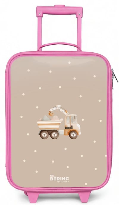 NoBoringSuitcases.com® - Kinderkoffer roze - Kindertrolley meisje - Gele kiepwagen met stenen en stippenpatroon - Koffer kind lichtgewicht - Reiskoffer trolley voor kinderen - Koffertje met lichtgevende wieltjes - Rolkoffer