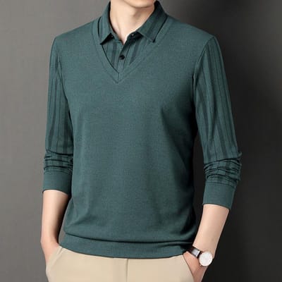 Heren Nieuwe Herfst en Winter T-shirt met Lange Mouwen Poloshirt voor Jongeren en Middelbare Leeftijd met Revers Trendy Gestreept Onderhemd voor Heren XXXXL