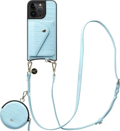 AVY Leren Hoesje geschikt voor Apple iPhone 15 Pro | Met Koord, Wallet en Pouch | Compatibel met MagSafe | Leather Case met 130CM Koord | Long Leather | Croco Blauw
