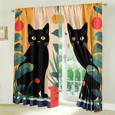Artistiek Kattenprint Ontwerp Gordijn Perfect Voor Huisdecoratie Stangzak Raambekleding Ontworpen Voor Slaapkamer Kantoor Keuken WoonkamerEnStudeerkamer W50 X H130(CM)X2&Hook