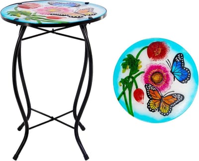 Ronde bijzettafel - Glazen tuintafel - Buiten genieten - Vlinder glazen blad - 305 cm diameter