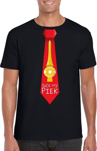 Zwart kerst T-shirt voor heren - Suck my Piek stropdas print S