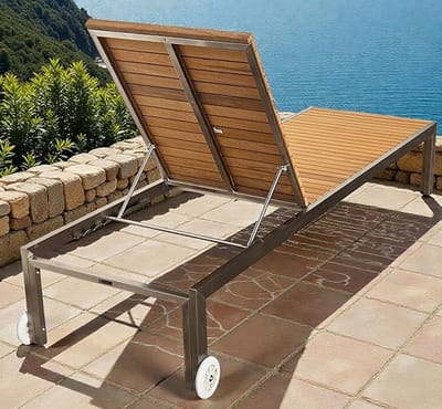 Luxe RVS & Teakhouten Design Ligstoel met Wielen 206x65x35 cm – 5-Standen Verstelbare Tuinligstoel Weerbestendig & Ergonomisch voor Zwembad, Terras en Strand – Casa Dorada