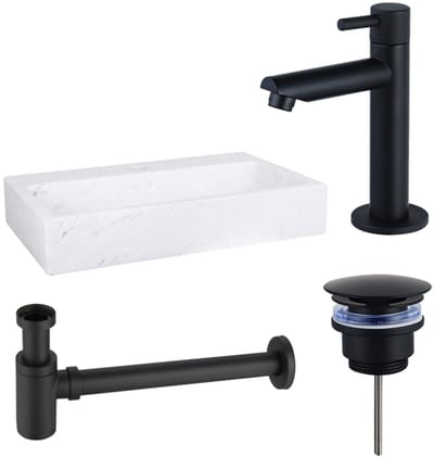 FugaFlow Eccelente Pietra fonteinset - 38x24x8cm - 1 kraangat - marmer - fonteinkraan zwart mat - wit