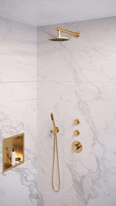 Brauer Gold Edition thermostatische inbouw regendouche SET 01 met 20 cm douchekop en rechte muurarm en staaf handdouche en doucheslang en wandaansluitbocht goud geborsteld PVD