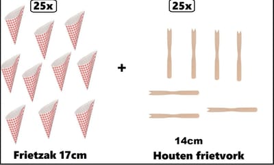 25x Frietzak Boerenbont 17cm papier + 25x XL frietvorkje hout 14cm - Geleverd in doosje , niet in envelop ivm beschadiging - friet puntzak patat friet frites bakje snack zak evenement uitdeel