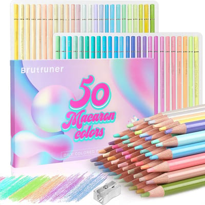 Roleness Macaron Coloré 50 pour Enfants et Livre de Coloriage Matériel d'Art Art et Dessin Taille-crayon Inclus Crayons, Base Huile, Couleurs,