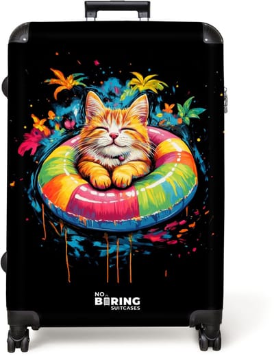 NoBoringSuitcases.com® - Koffer groot - Reiskoffer lichtgewicht - Zomerse kat met kleurrijke zwemband - Rolkoffer met 4 wielen - Grote trolley XL - 98 liter bagage