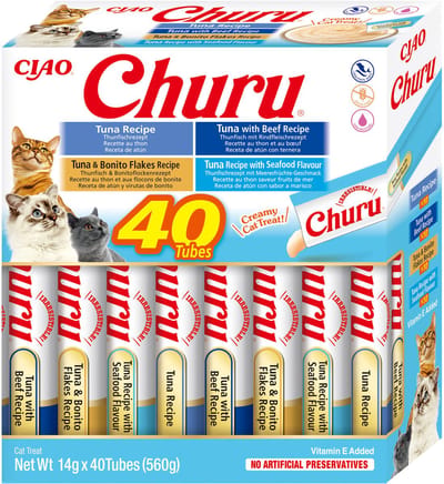 INABA CIAO Churu Creamy Puree Kattensnack Liquid Tonijn & Zeevruchten 40x14g