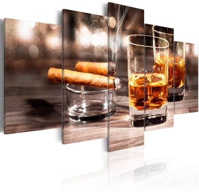 Schilderij - Sigaar en Whiskey , Mannenwereld , 5 luik