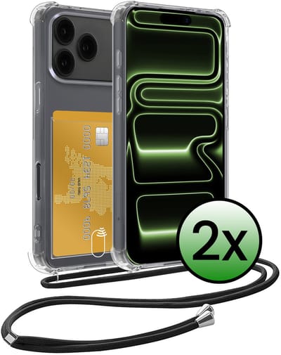Hoes Geschikt voor iPhone 17 Pro / 18 Pro Hoesje Pas Houder Shock Proof Case Hoes Met Koord - Hoesje Geschikt voor iPhone 17 Pro / 18 Pro Hoes Met Telefoonkoord Pasjeshouder Cover - Transparant - 2 Stuks
